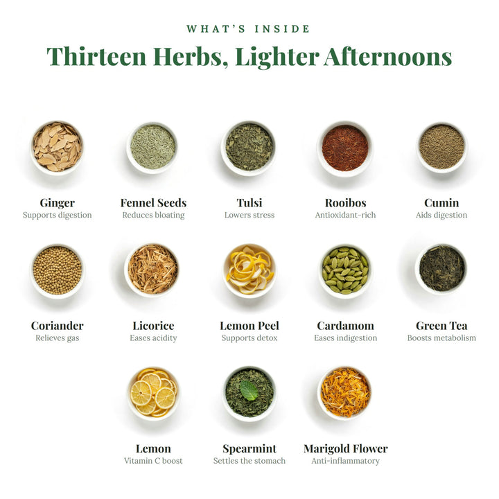 Thirteen herbs inside EASE: ginger, fennel seeds, tulsi, rooibos, cumin, coriander, licorice, lemon peel, cardamom, green tea, lemon, spearmint and marigold flower