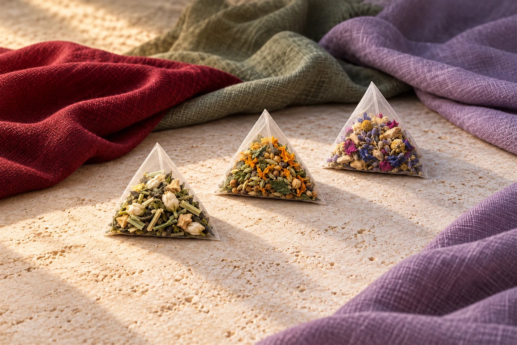 Three transparent pyramid tea bags with whole botanicals