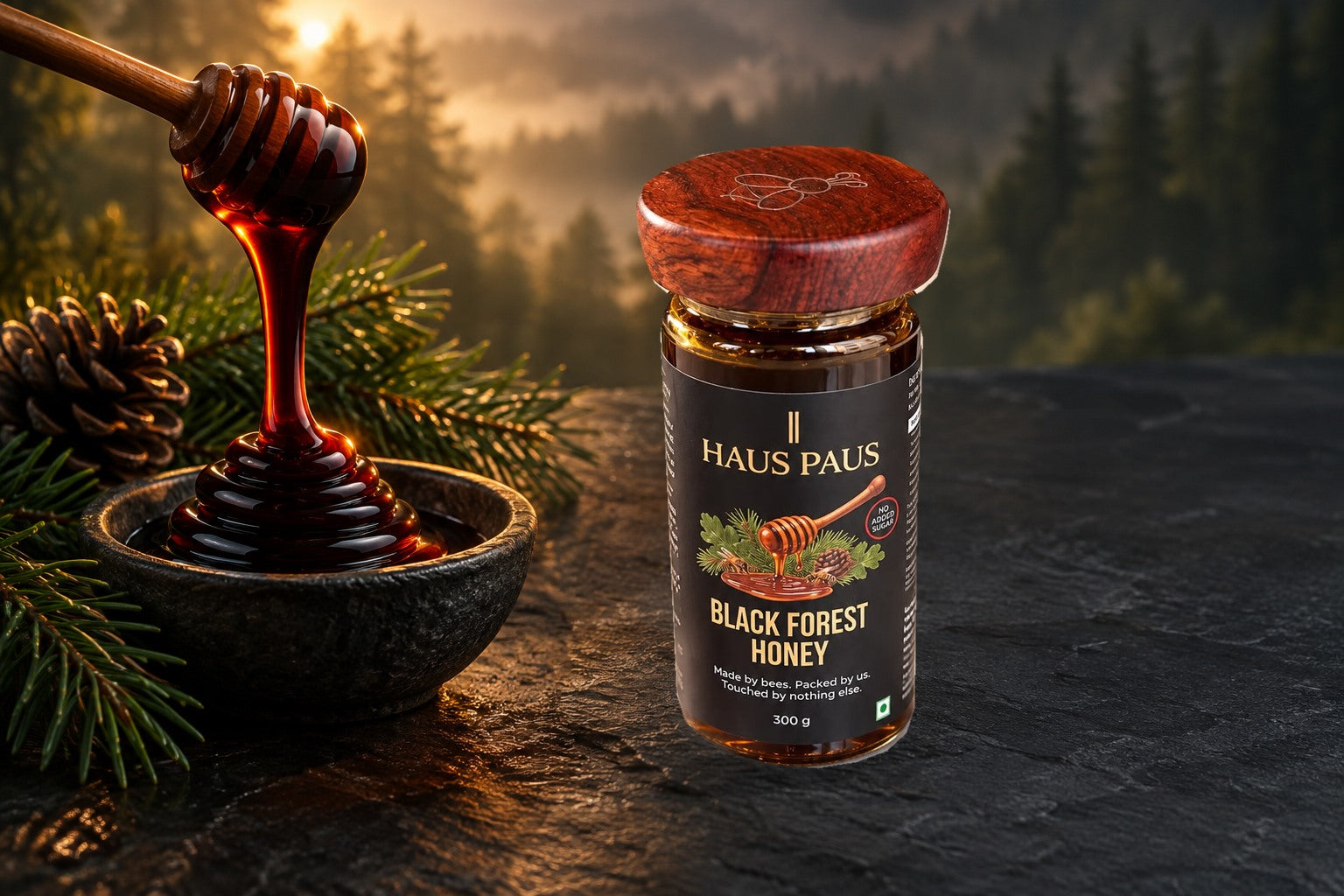 Exact jar photograph composited into generated honey scene