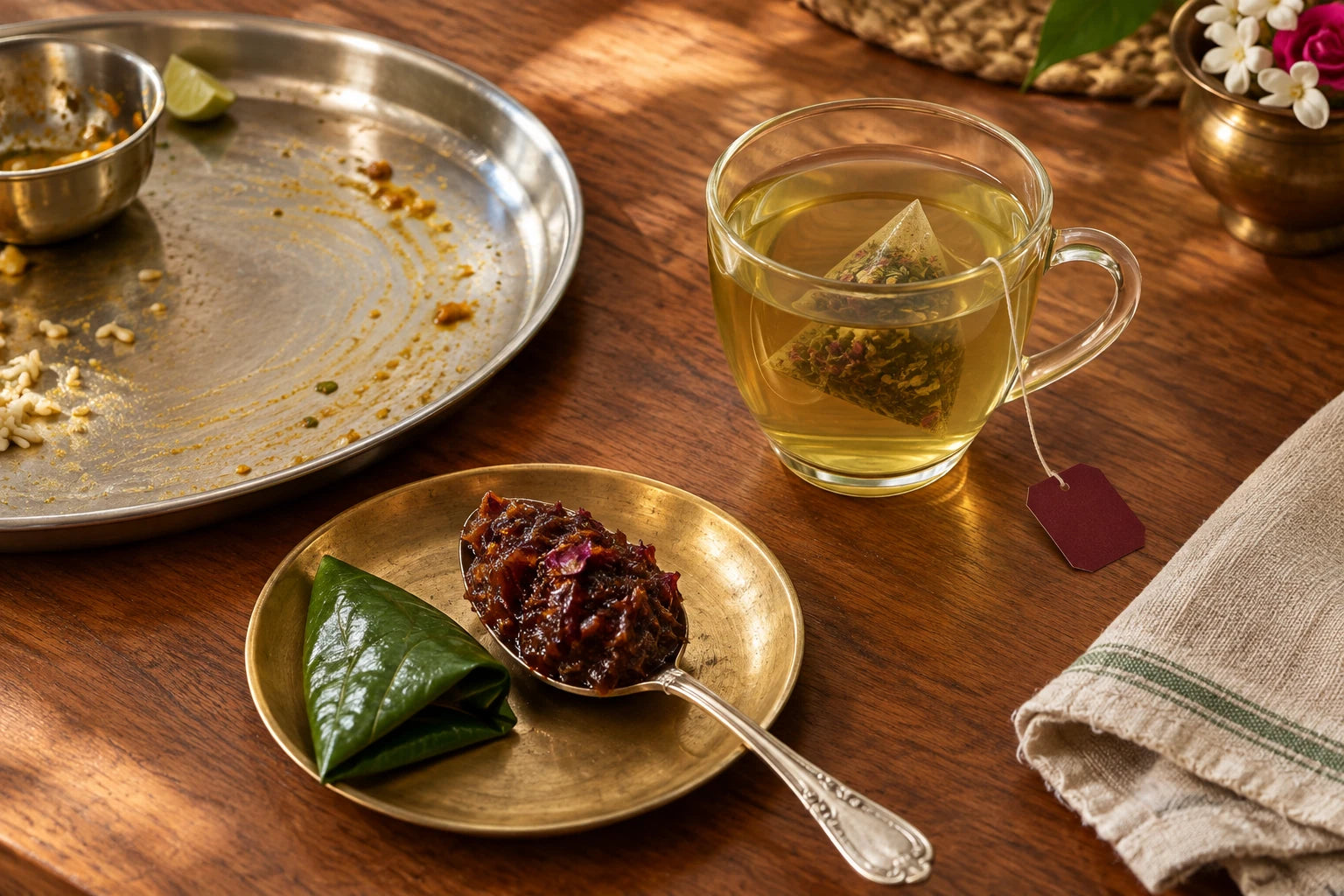 A spoon of rose-petal honey beside a pale EASE tea after a meal.