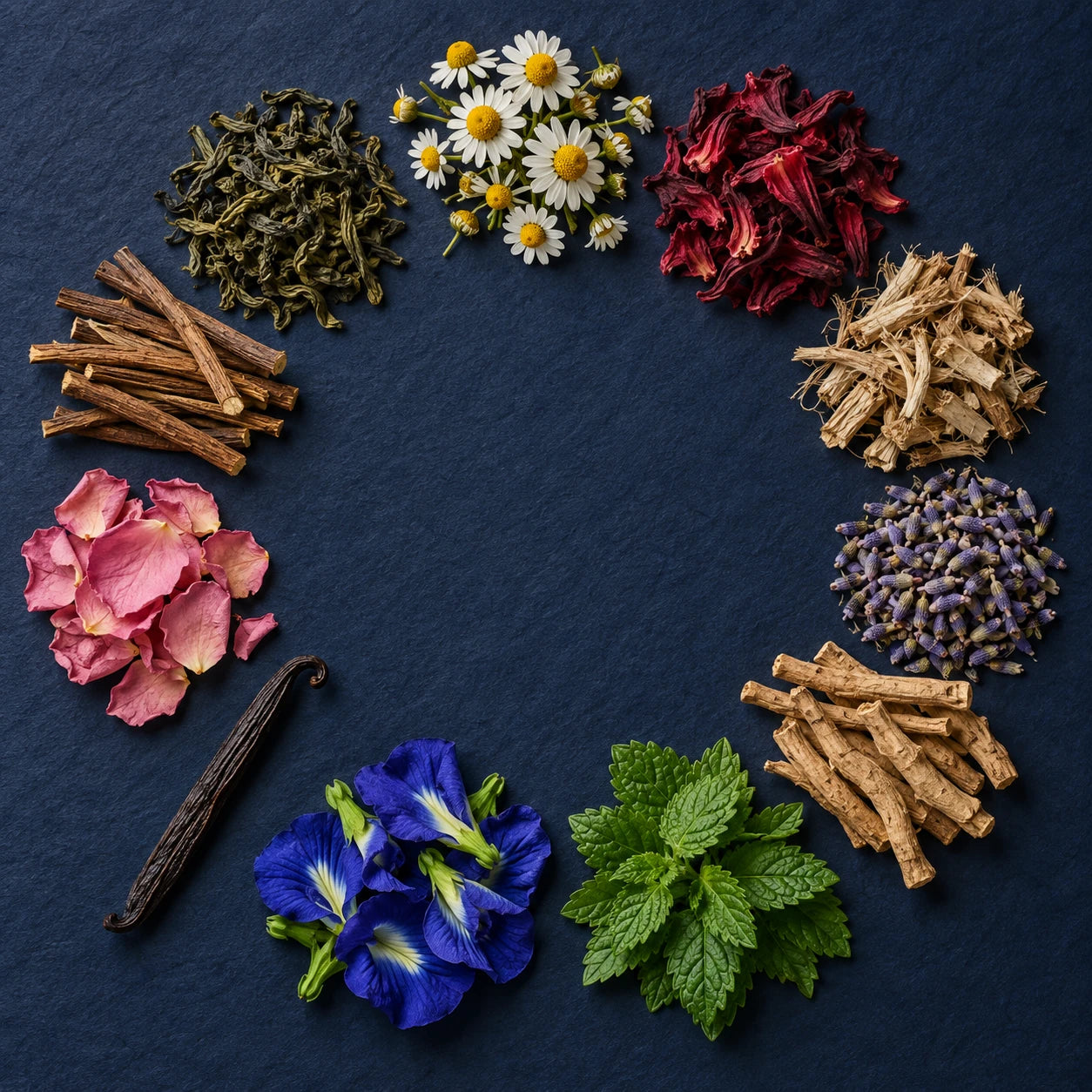 Eleven UNWIND herbs and botanicals arranged in a circle