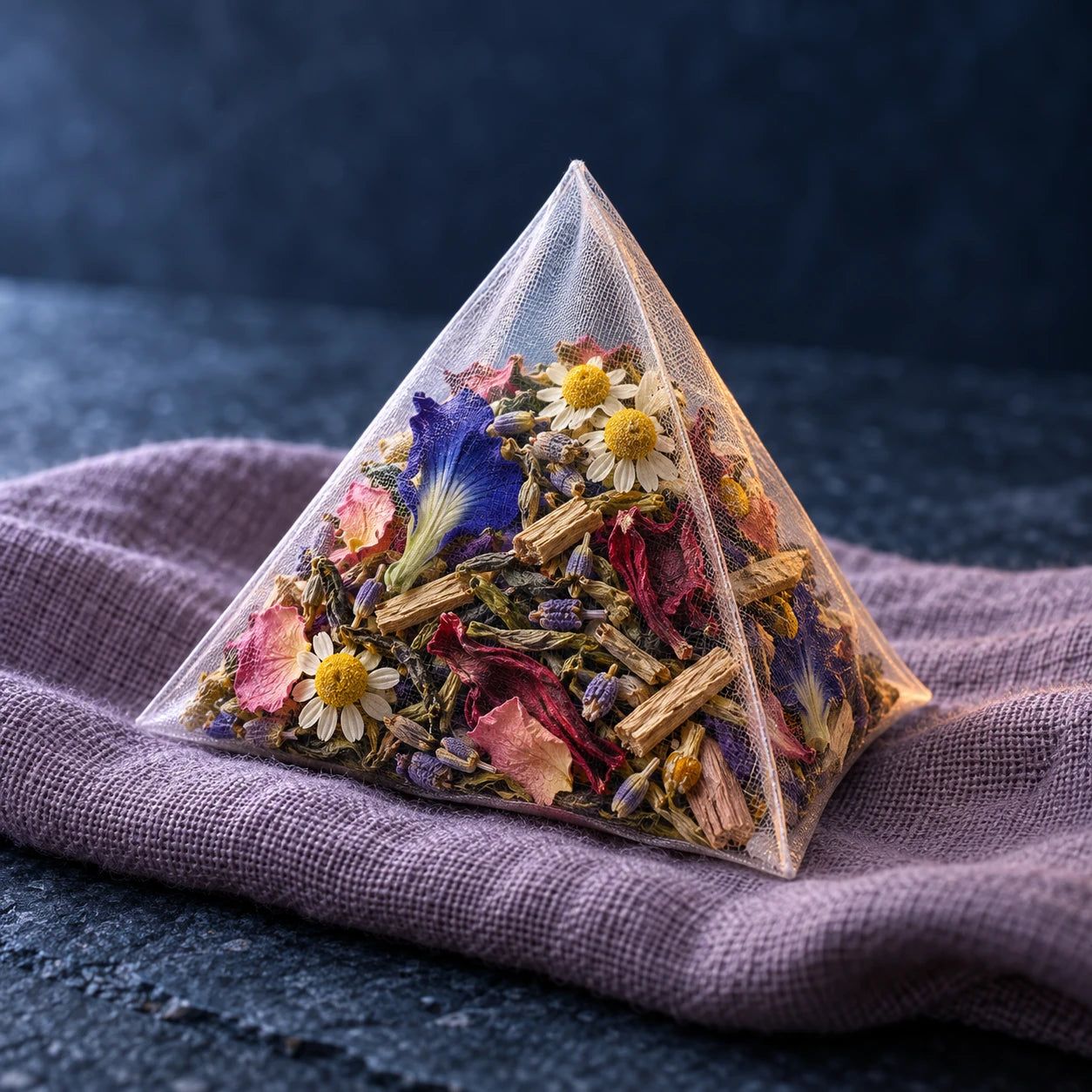 Close-up of a pyramid infusion bag filled with whole herbs