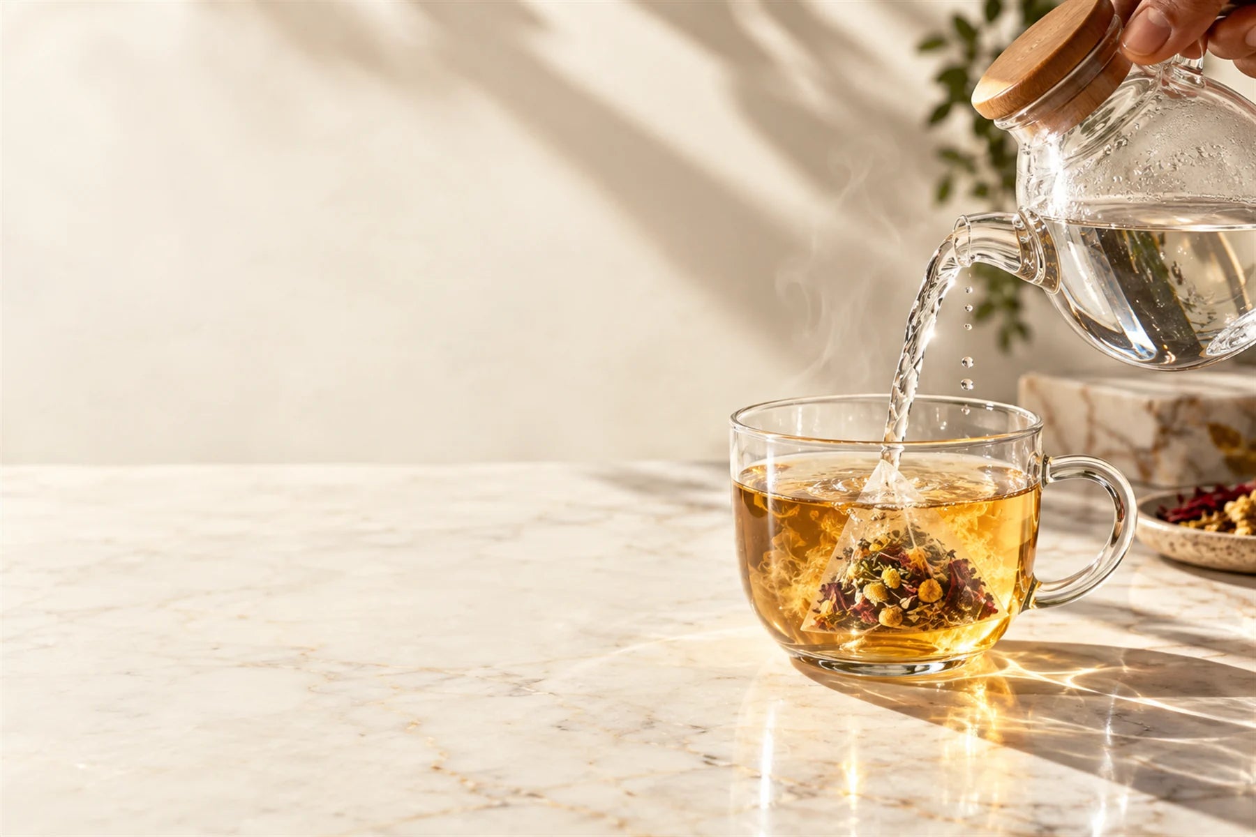 Hot water being poured into a glass cup with a pyramid tea bag