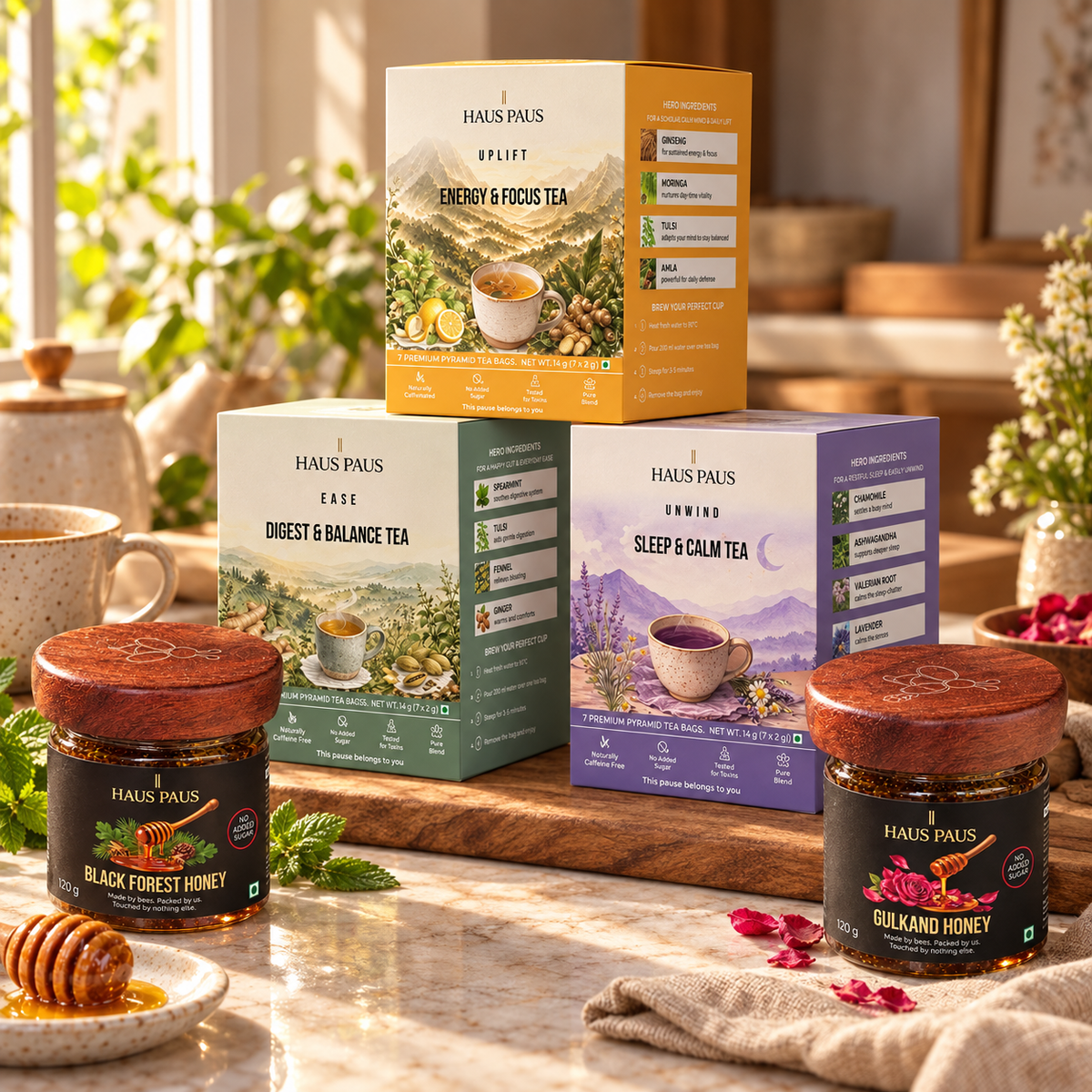 Haus Paus gift set: UPLIFT, EASE and UNWIND tea boxes with Gulkand and Black Forest honey jars on a wooden board