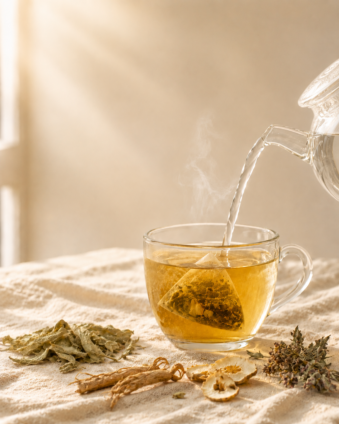 Moringa leaves with ginseng and amla beside a cup of UPLIFT morning tea