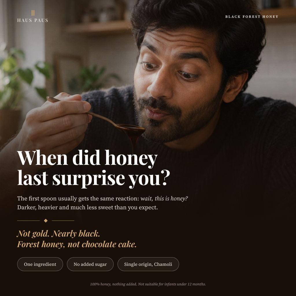 Black Forest Honey tasted off a spoon: darker, heavier and much less sweet than everyday honey