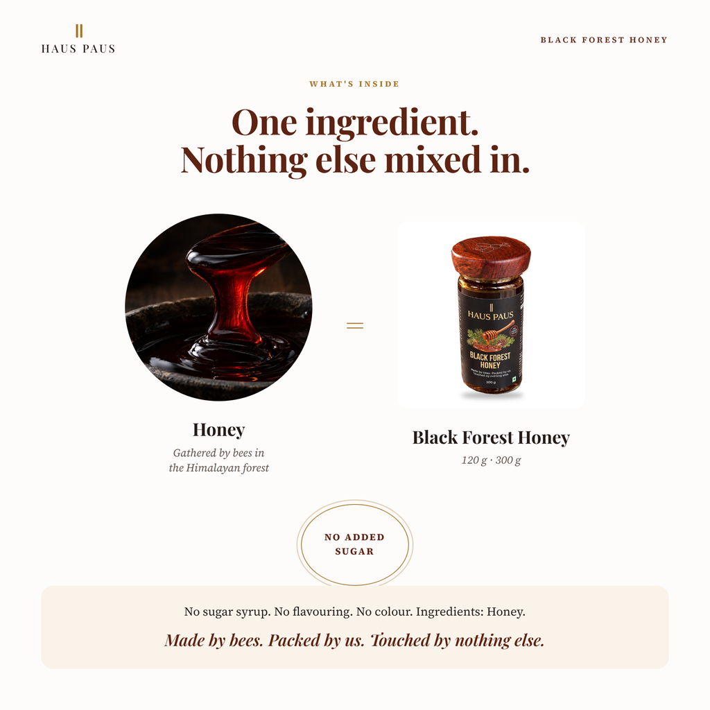 One ingredient in Haus Paus Black Forest Honey: honey, with no added sugar, in 120 g and 300 g jars