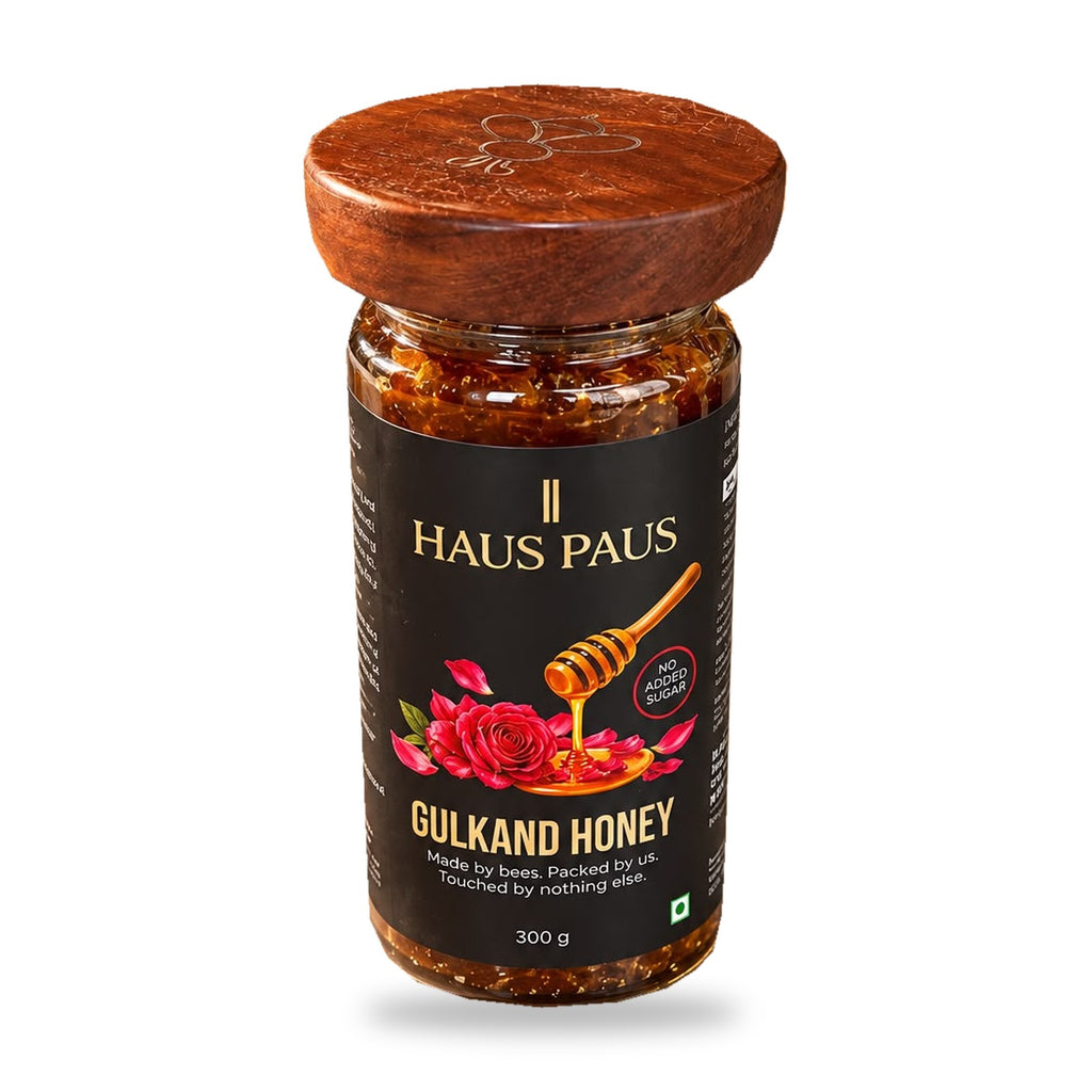 Jar of Haus Paus Gulkand Honey, rose petal honey with no added sugar