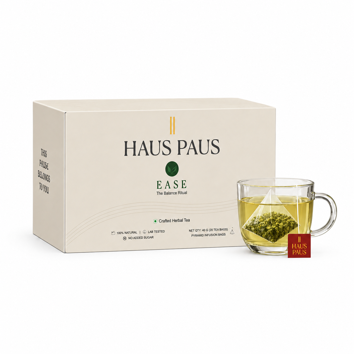 HAUS PAUS EASE digestive herbal tea box with a freshly brewed cup