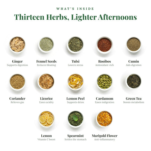 Thirteen herbs inside EASE: ginger, fennel seeds, tulsi, rooibos, cumin, coriander, licorice, lemon peel, cardamom, green tea, lemon, spearmint and marigold flower