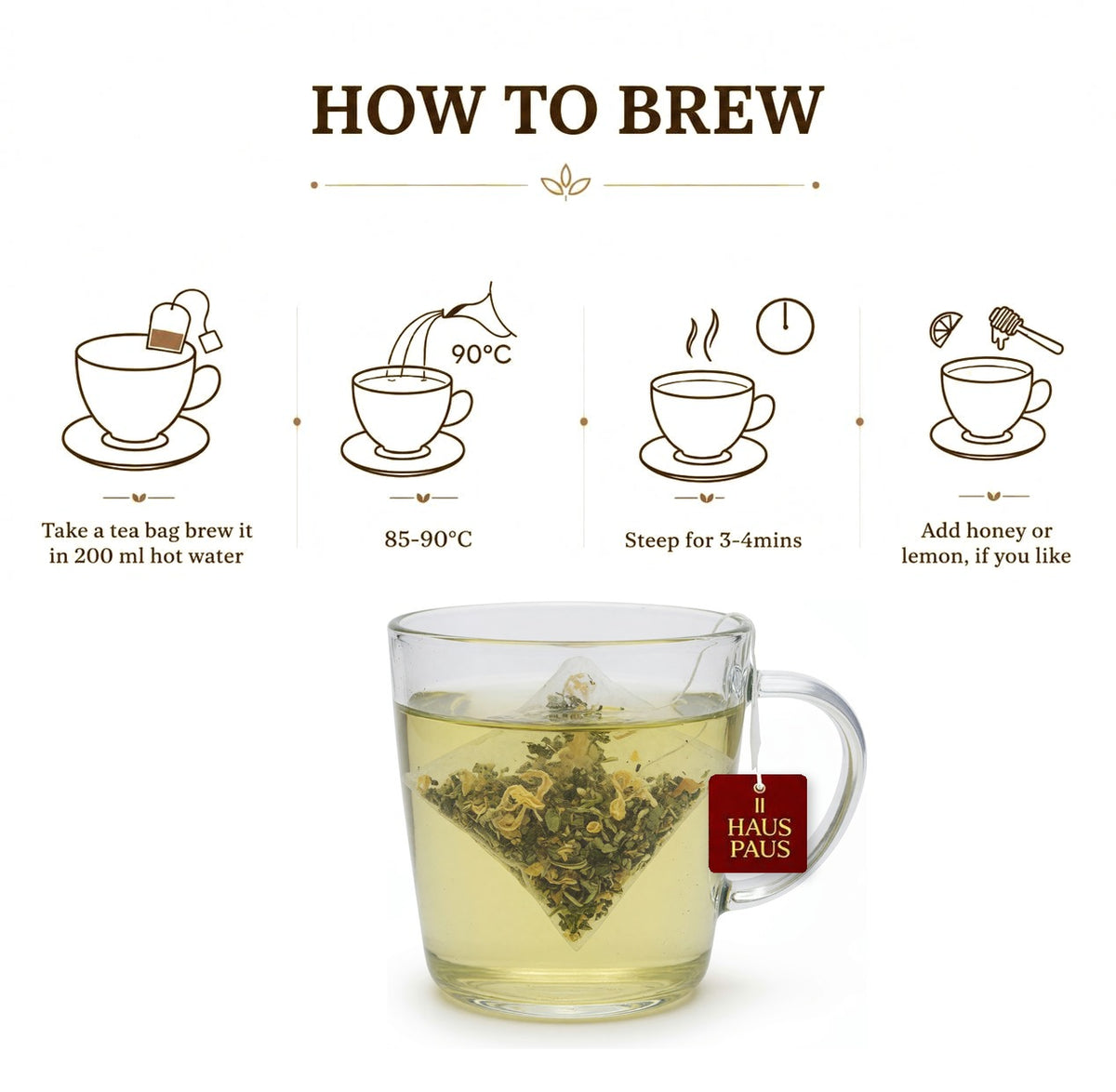 How to brew EASE tea: one bag in 200 ml water at 85 to 90 degrees, steeped 3 to 4 minutes