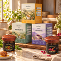 Haus Paus Tasting Box gift set: UNWIND, UPLIFT and EASE 7-day herbal tea packs with Gulkand Honey and Black Forest Honey