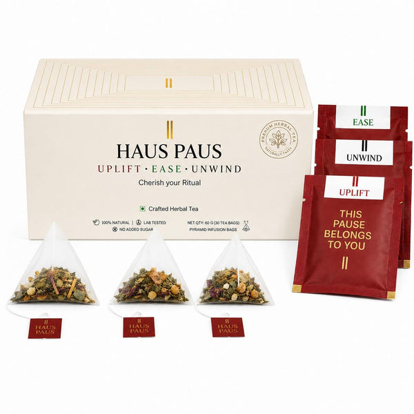 HAUS PAUS Combo Pack box with UPLIFT, EASE and UNWIND pyramid tea bags