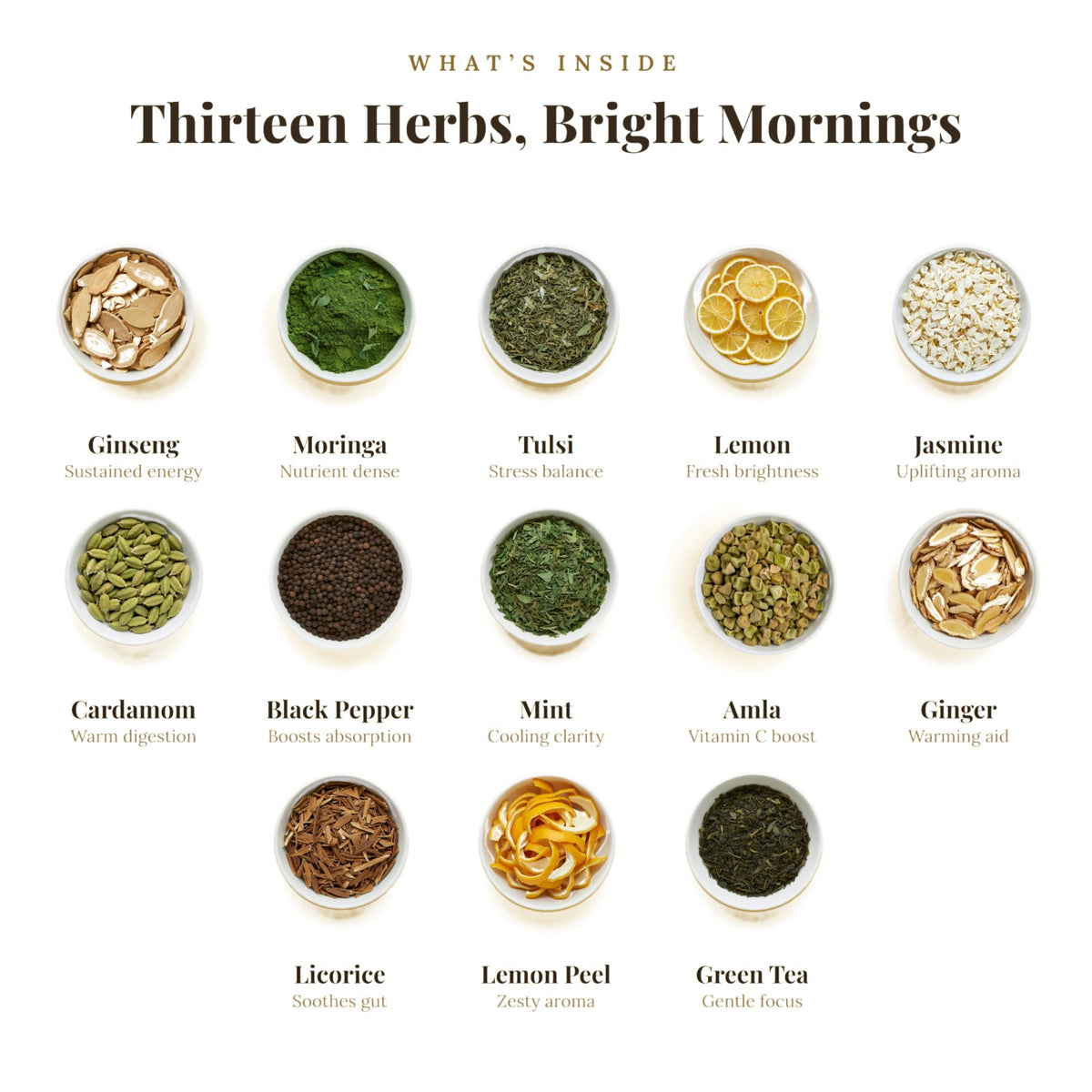 Thirteen herbs inside UPLIFT: ginseng, moringa, tulsi, lemon, jasmine, cardamom, black pepper, mint, amla, ginger, licorice, lemon peel and green tea
