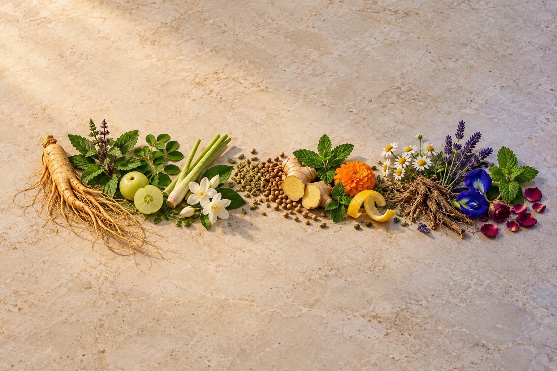 Twenty-nine botanicals arranged from morning to evening
