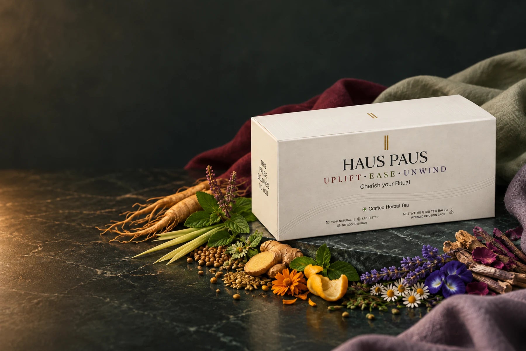 Haus Paus Complete Ritual carton surrounded by morning, afternoon and evening botanicals