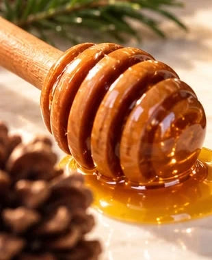 Honey coating a wooden honey dipper — detail from supplied photograph