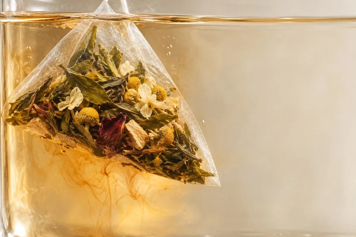 Visible whole herbs inside a pyramid tea bag