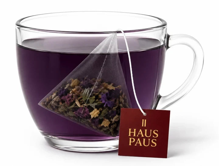 Glass cup of herbal tea with the Haus Paus tea bag