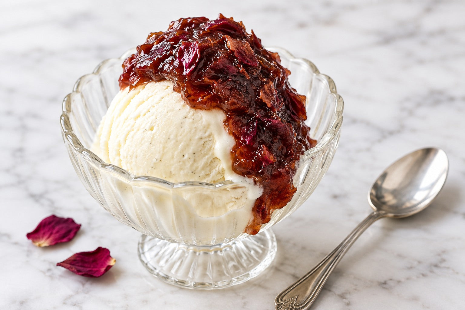 Gulkand honey over vanilla ice cream