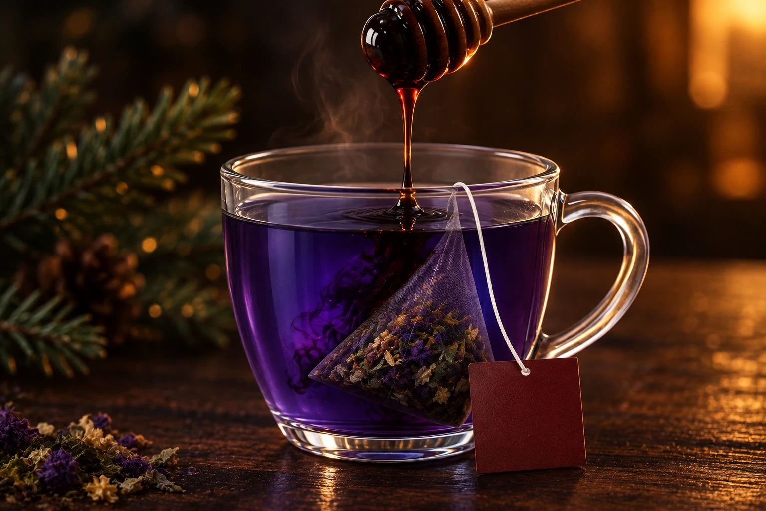 A near-black honey thread above a violet UNWIND cup in warm evening light.
