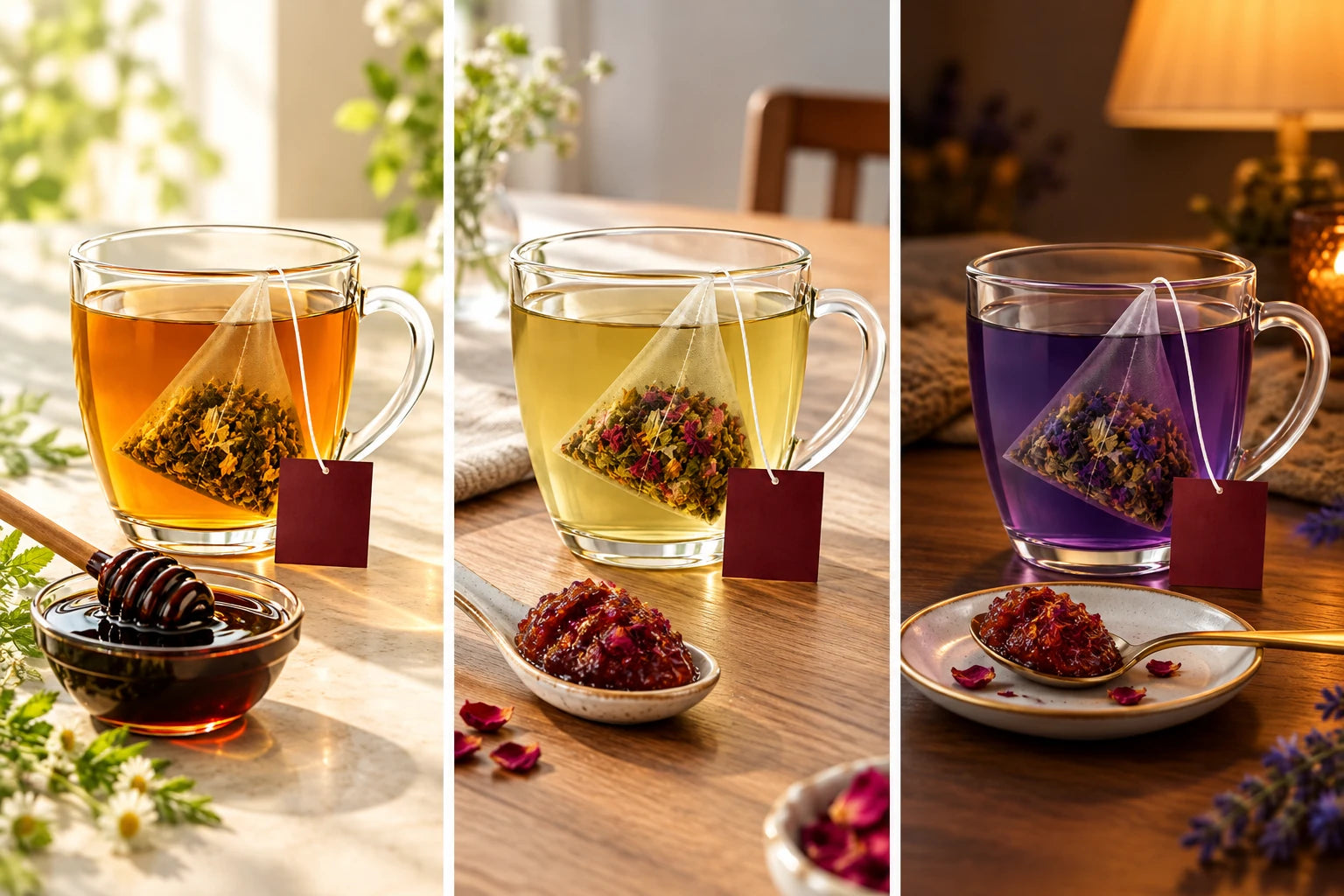 Morning amber tea, pale after-meal tea and violet evening tea, paired with honey.