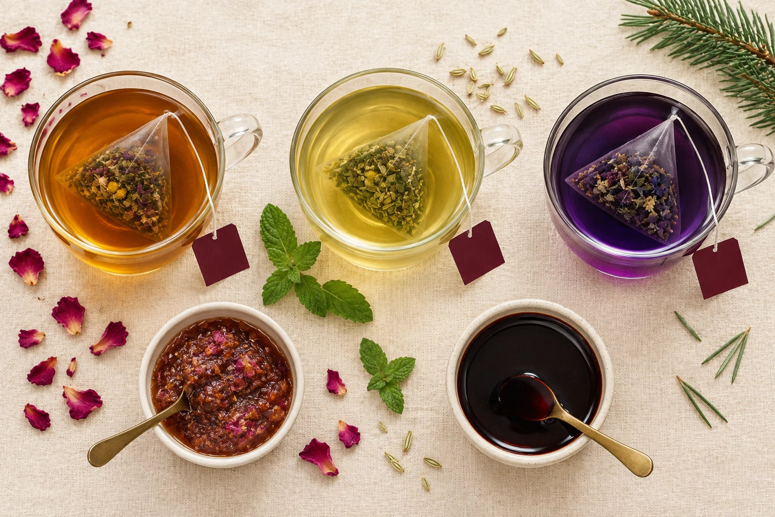 Three teas, rose-petal honey and dark honey on a tasting table.