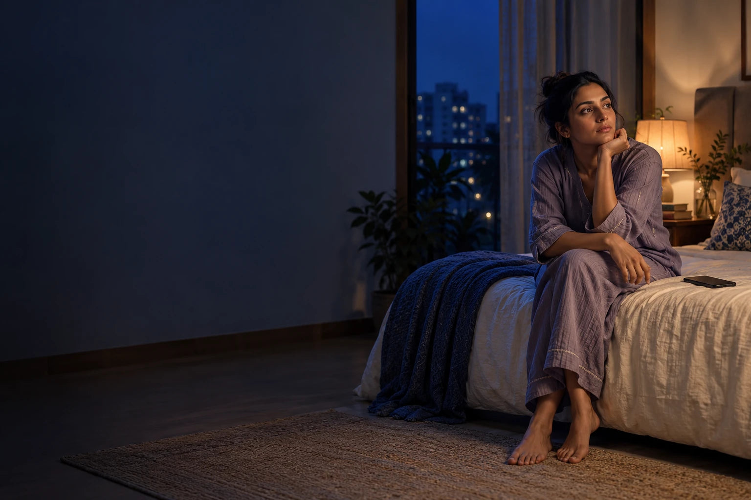 An evening wind-down pause near a softly lit bedroom window