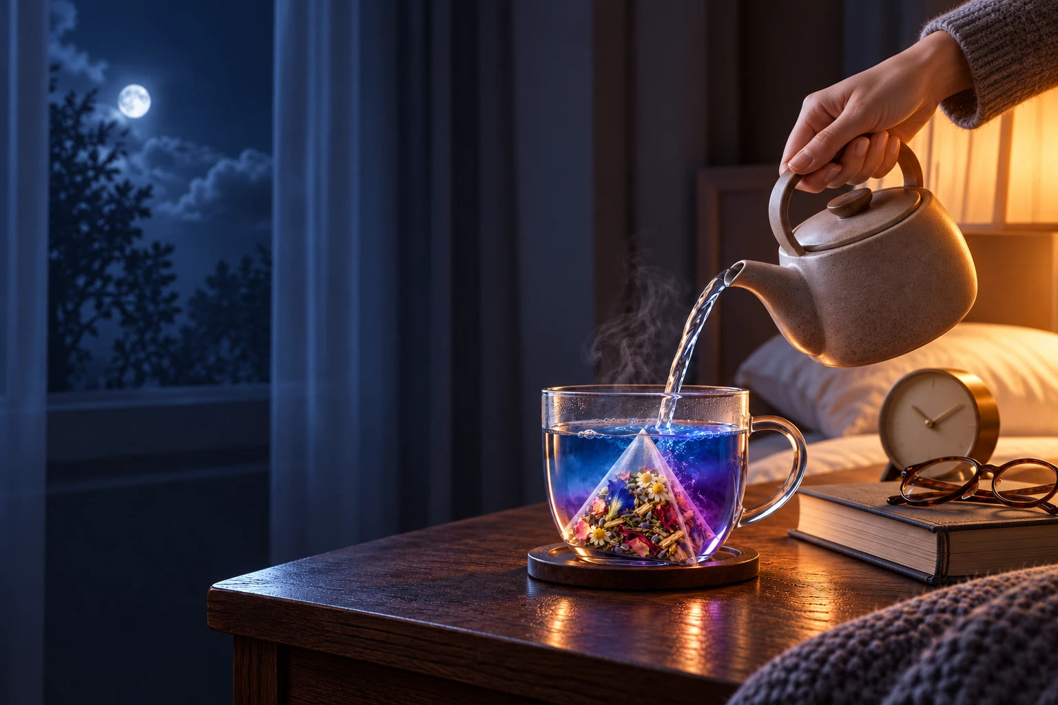 Hot water being poured into a glass cup with a pyramid tea bag