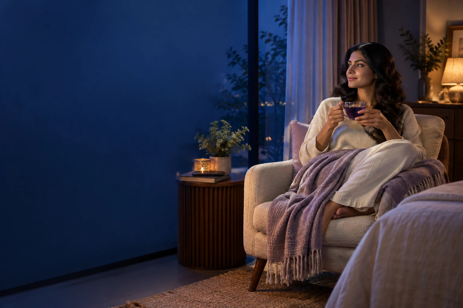 A calm evening tea moment near a bedroom window