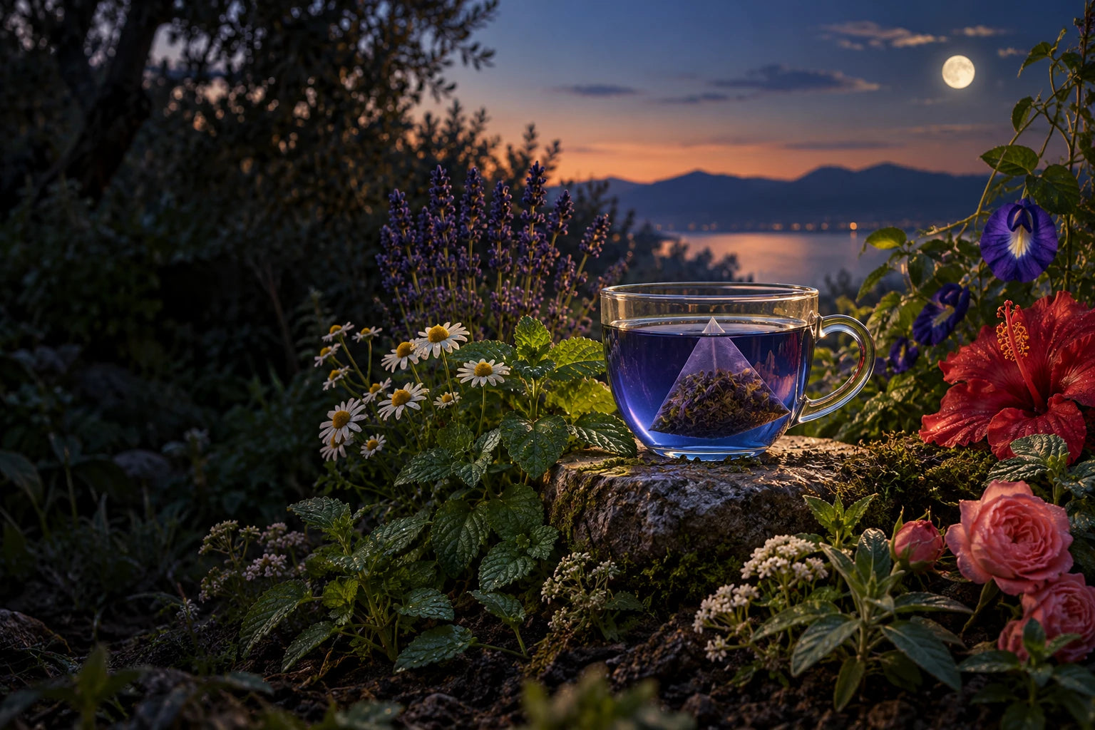 Blue-violet UNWIND infusion in a moonlit botanical garden