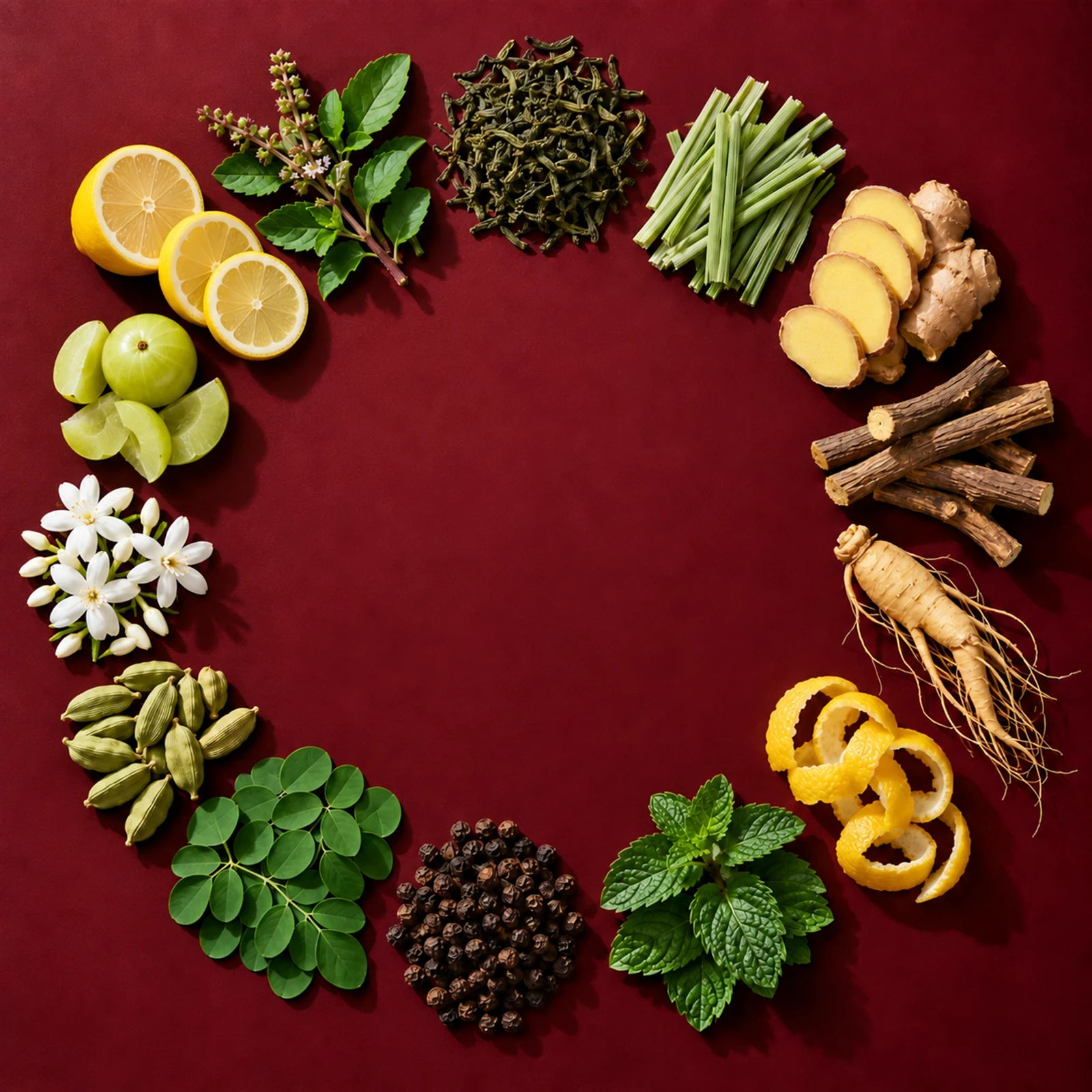 Fourteen UPLIFT herbs and botanicals arranged in a circle