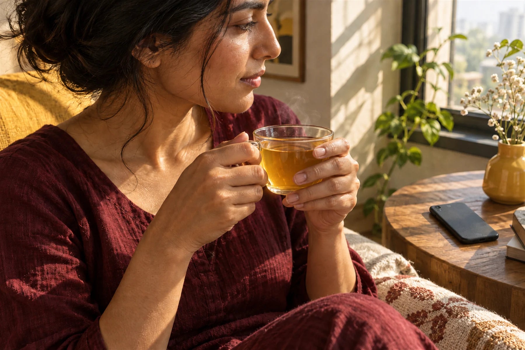 A calm morning tea moment near a window
